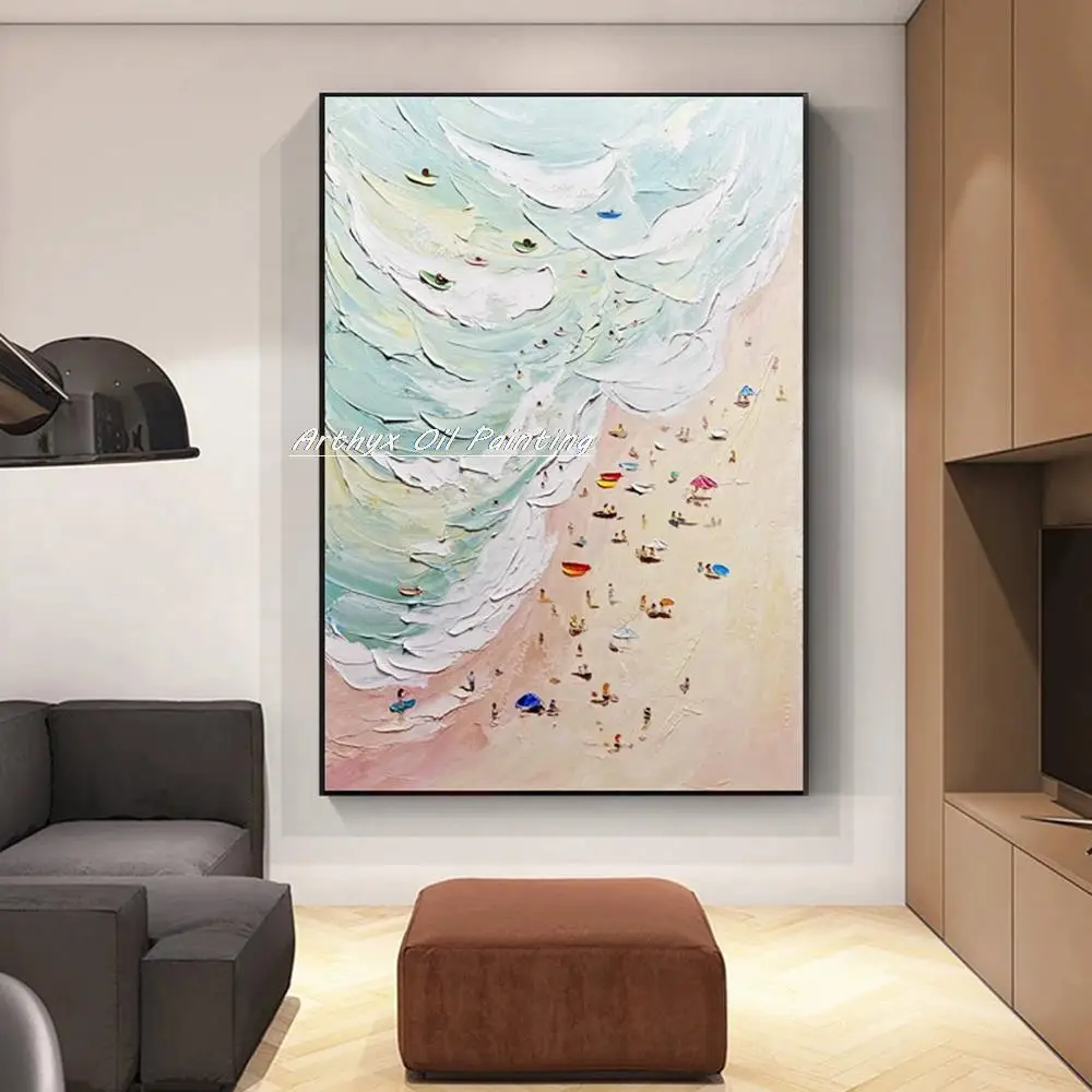 Arthyx Handmade Palette Knife Abstract Seaside Scenery Oil Painting On Canvas,Modern Home Decor Wall Art,Picture For Living Room