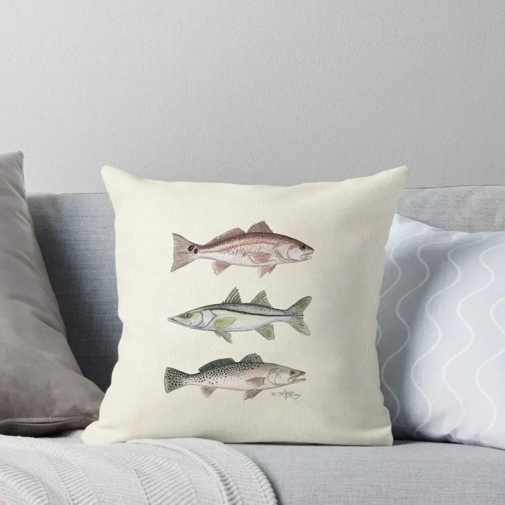 

Inshore Slam by Amber Marine ~ watercolor redfish, snook, and trout art,  2013 Throw Pillow Cushion Cover pillow