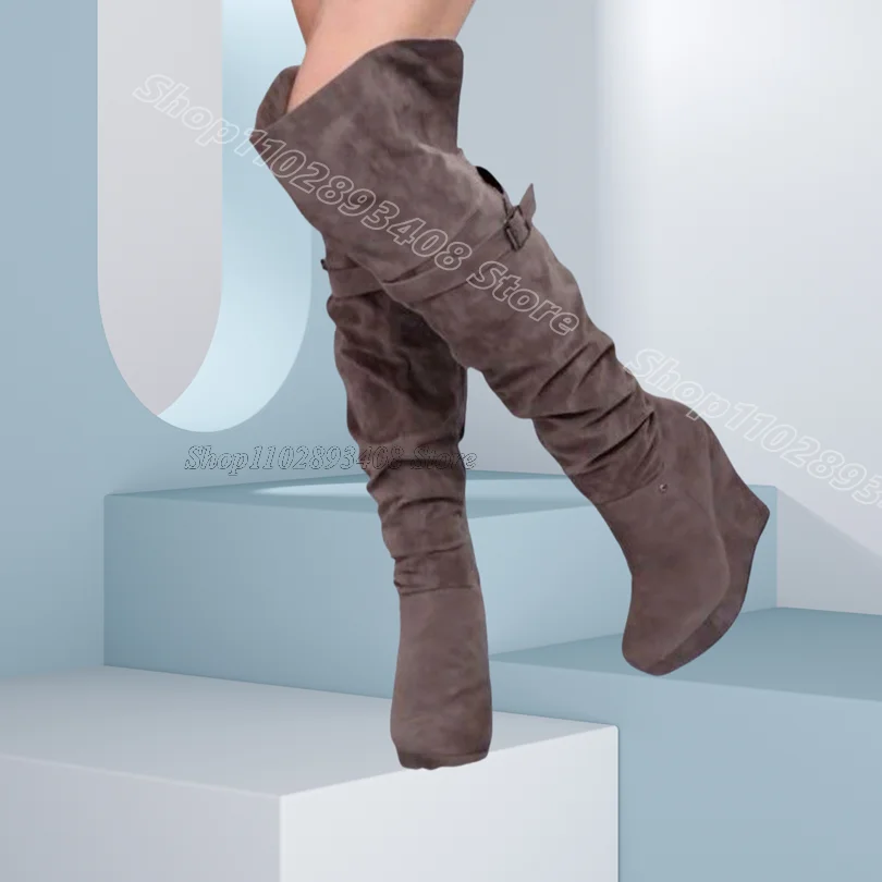Botas plisadas aterciopeladas marrones, cuñas, tacones, punta redonda, cremallera lateral a la moda, vestido de fiesta de estilo británico, botas Para Mujer