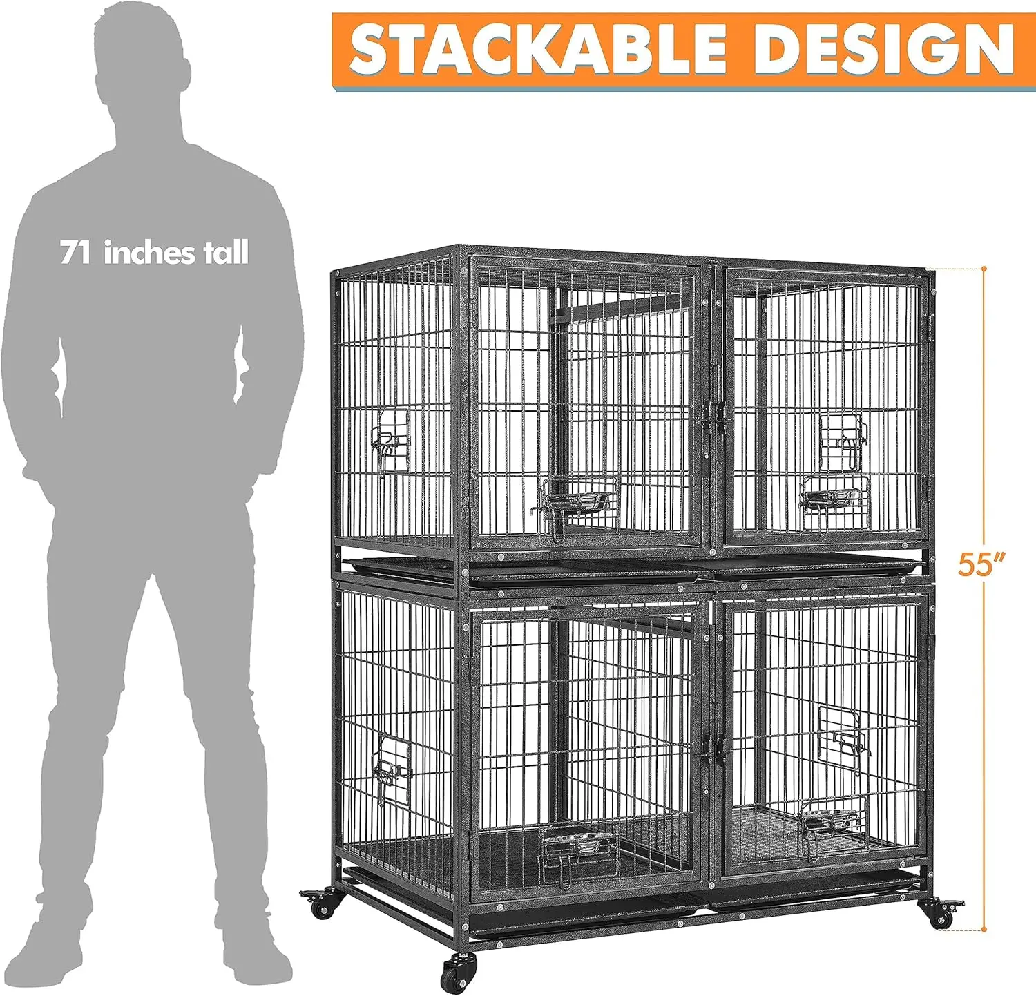 Yaheetech 42'' Stackable Dog Crate w/Divider Heavy Duty Dog Cage with Open Top/2 Removable Trays Rolling Pet Cage for Small/Medi