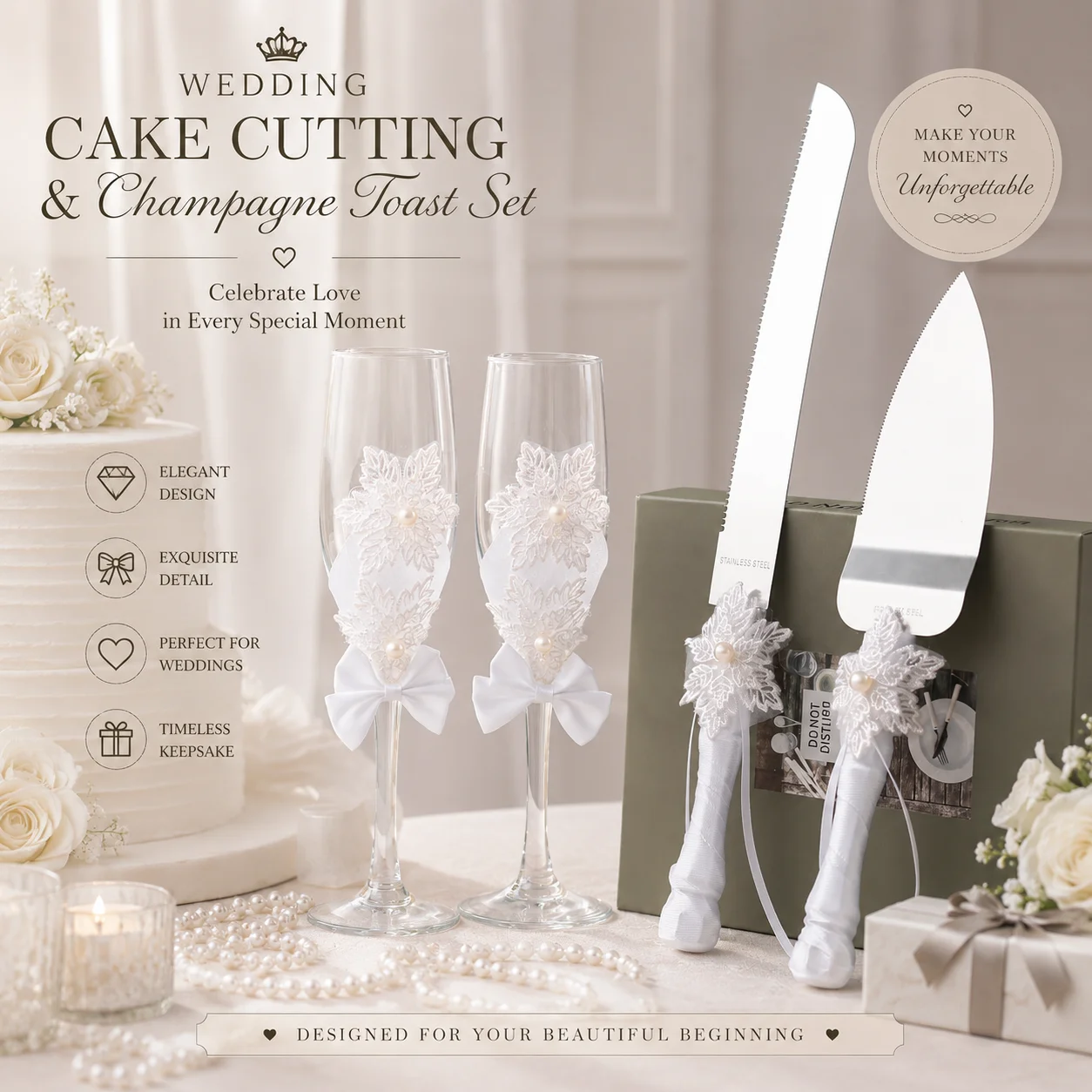 Set da 4 Pezzi per Taglio Torta Nuziale e Flute da Champagne con Decorazioni in Pizzo, Perle e Fiocco in Raso, Set per Brindisi Nuziali