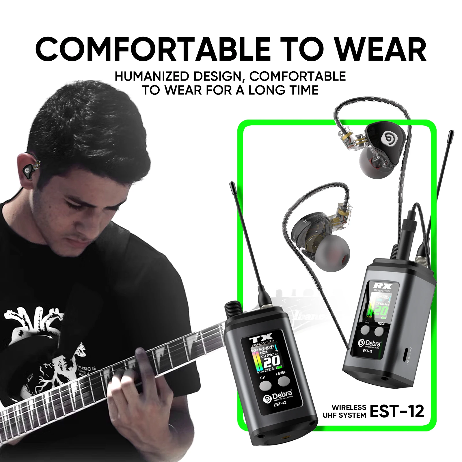 Debra EST-12 UHF Dual-Channel Wireless IEM System, 560-590MHz, 80m Range, Rechargeable In-Ear Monitor for Live Performance & Stu