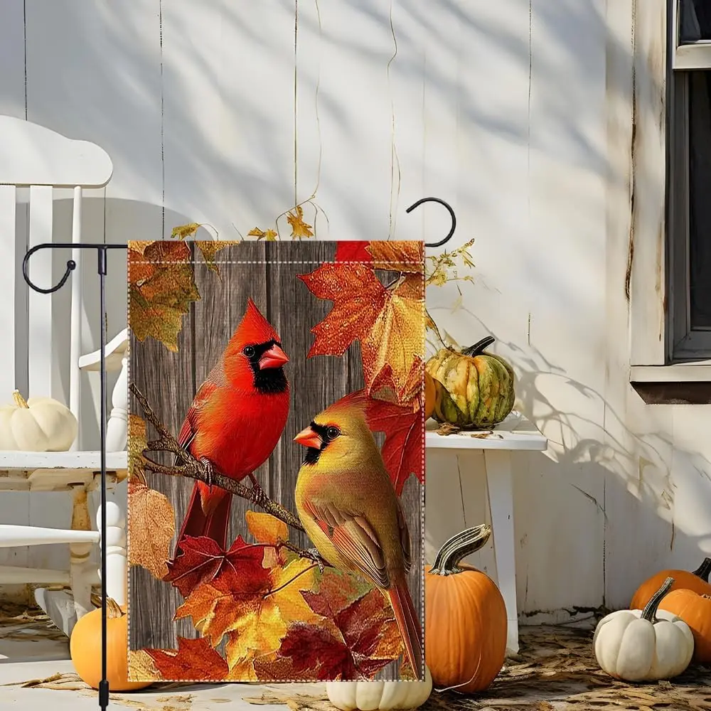 Fall Garden Flags 12x18 IN Double Sided Maple Leaf Flag for Outside Decorations, Cardinal Garden Flag for Autumn Seasonal La GGO