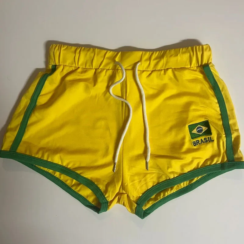 Summer Fashion Casual Bottoms Shorts Women  Yellow Drawstring Embroidery Brail Elastic Waist Sports Short Pants
