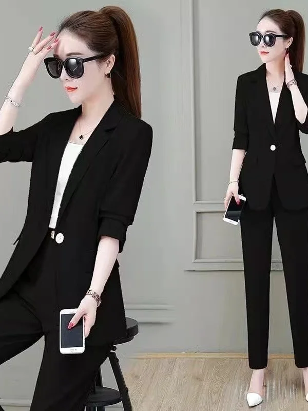 

Женский профессиональный костюм больших размеров, осенний новый комплект Sle Faion для похудения, длинные брюки, футболка с высокой талией, корейская версия