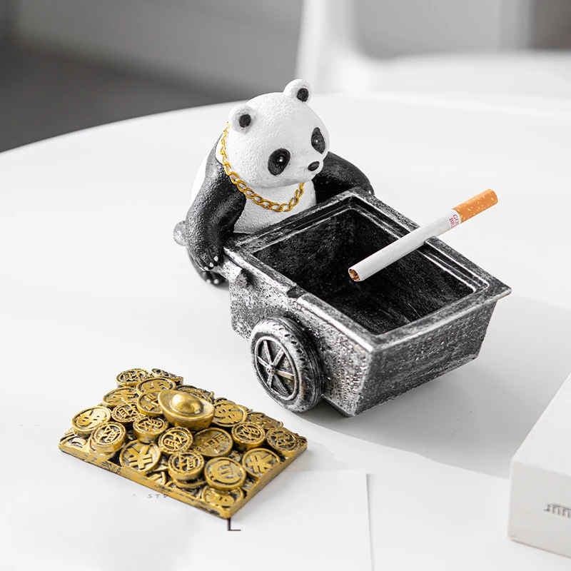 Creative Panda Shaped Ashtray With Lid, Resin Crafts Trendy, Personality Home Living Room Bedroom Office Cartoon Decoration, 1Pc