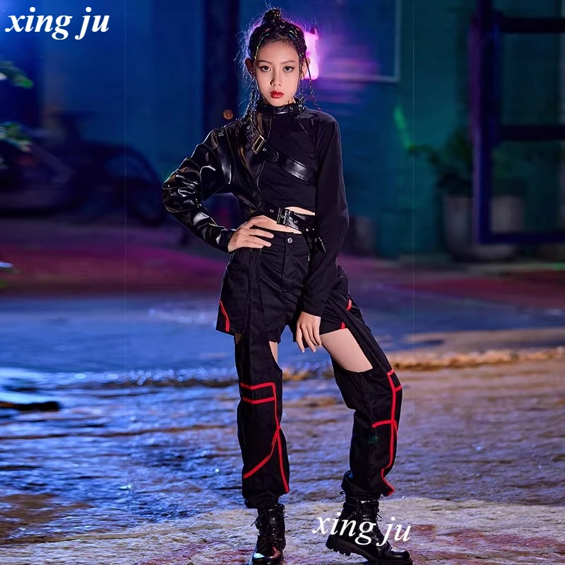 Chaleco de PU negro para baile callejero para niños, Tops de manga larga, pantalones calados a la moda, traje de baile de Jazz para niñas, ropa de escenario de Hip Hop para niños