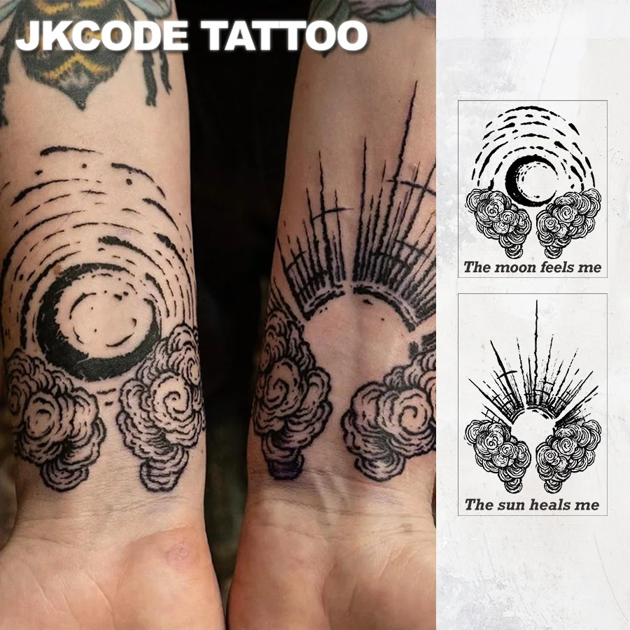 2Pcs Waterproof Design Semi-Permanent Tattoos, Hand-Drawn Sketch Tattoo Designs - Sun, Moon, Rain Cloud Totems - Inspirational English Phrases - Men'S, Women'S, Couple's Tattoos - Temporary Tattoos for Neck and Hands That Last for 15 Days