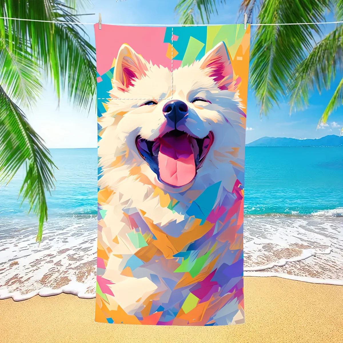 Dog Beach Towel Samoyed Art Design Quick-Dry Travel Towel with Pouch – Lightweight, Oversized Unisex Summer Essential