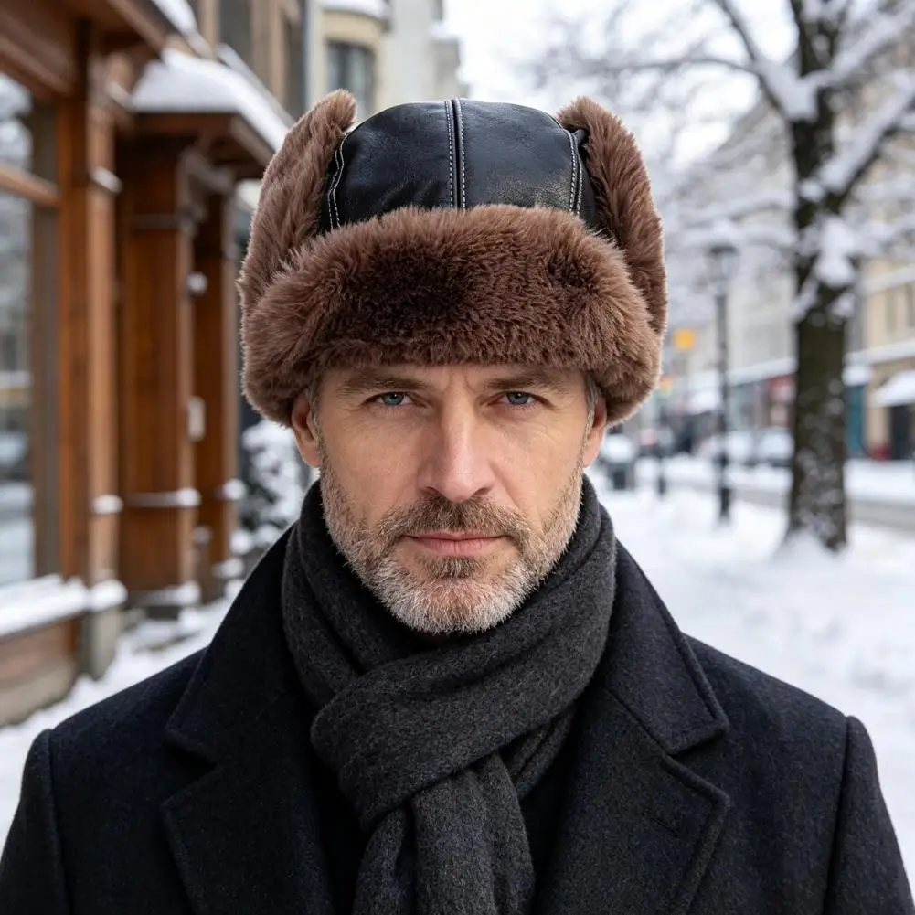 Winter Trapper Hat, Windproof PU Leather Fur Hat with Ear Flaps, Thickened Fleece Lined Warm Hat for Cold Weather Outdoor