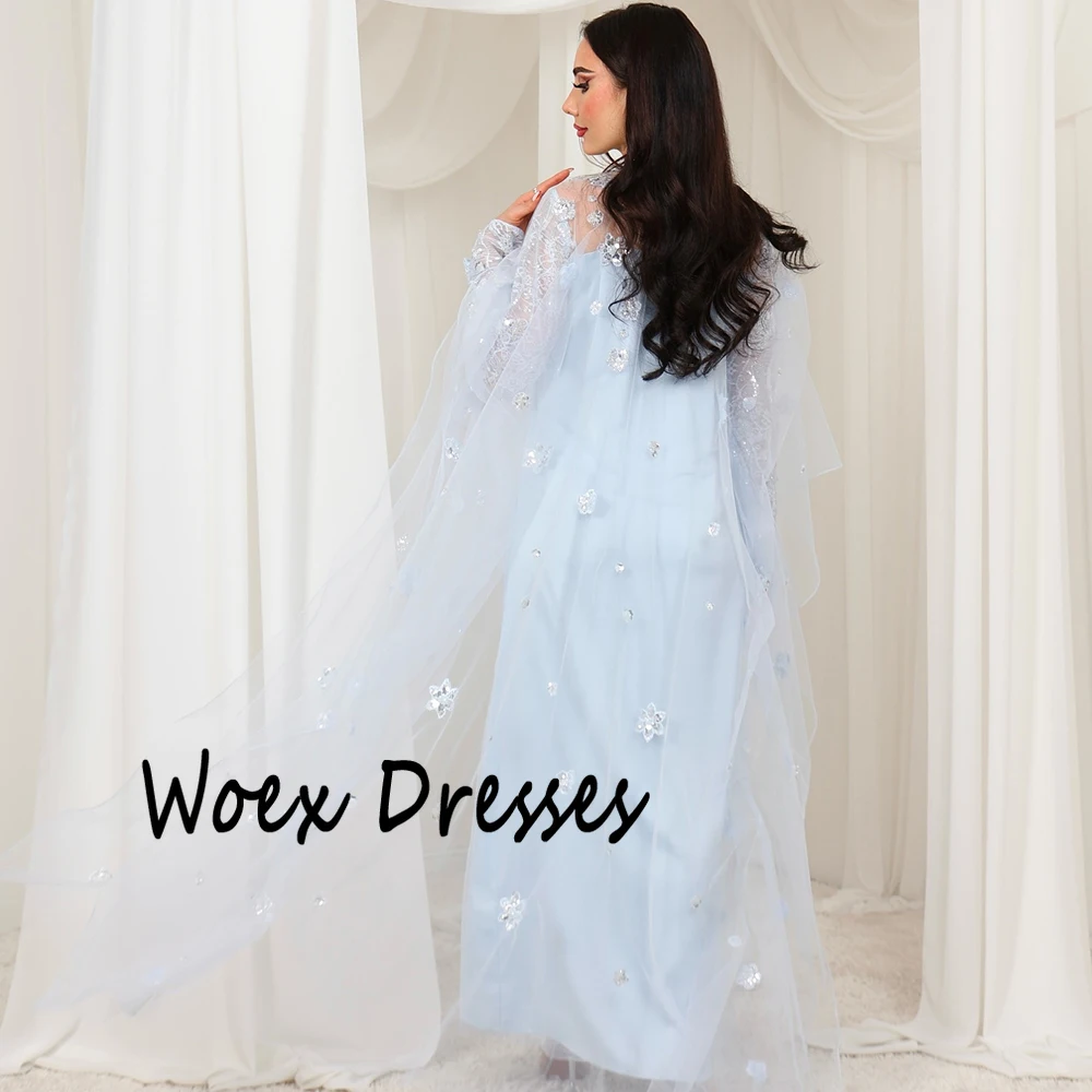 Vestido de noche personalizado de Jersey con cuello cuadrado azul cielo, Apliques de encaje con capa de tul, vestido de fiesta de manga larga hasta el tobillo