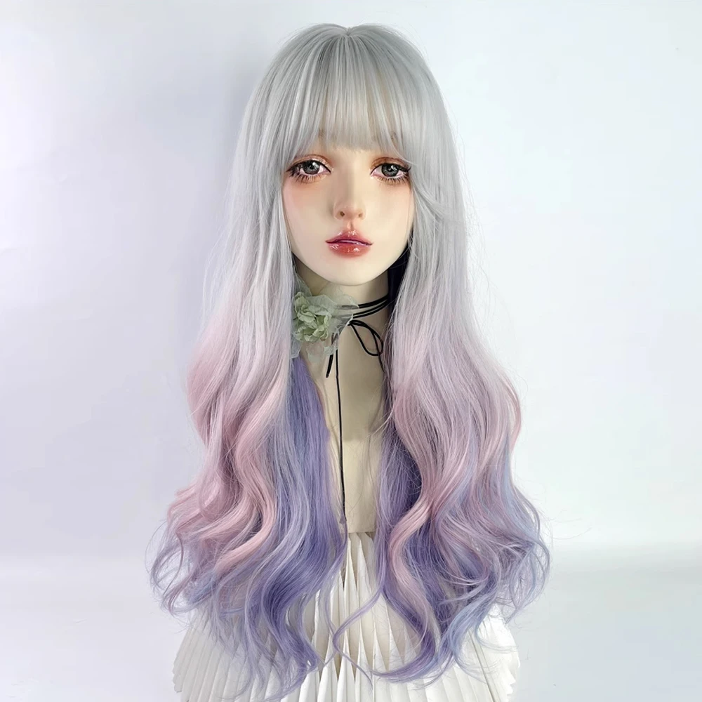 Lolita Ombre Pink Purple Gradient Rainbow Synthetic Long Wavy Women Wig with Bangs Fluffy Hair Wig for Party Cosplay