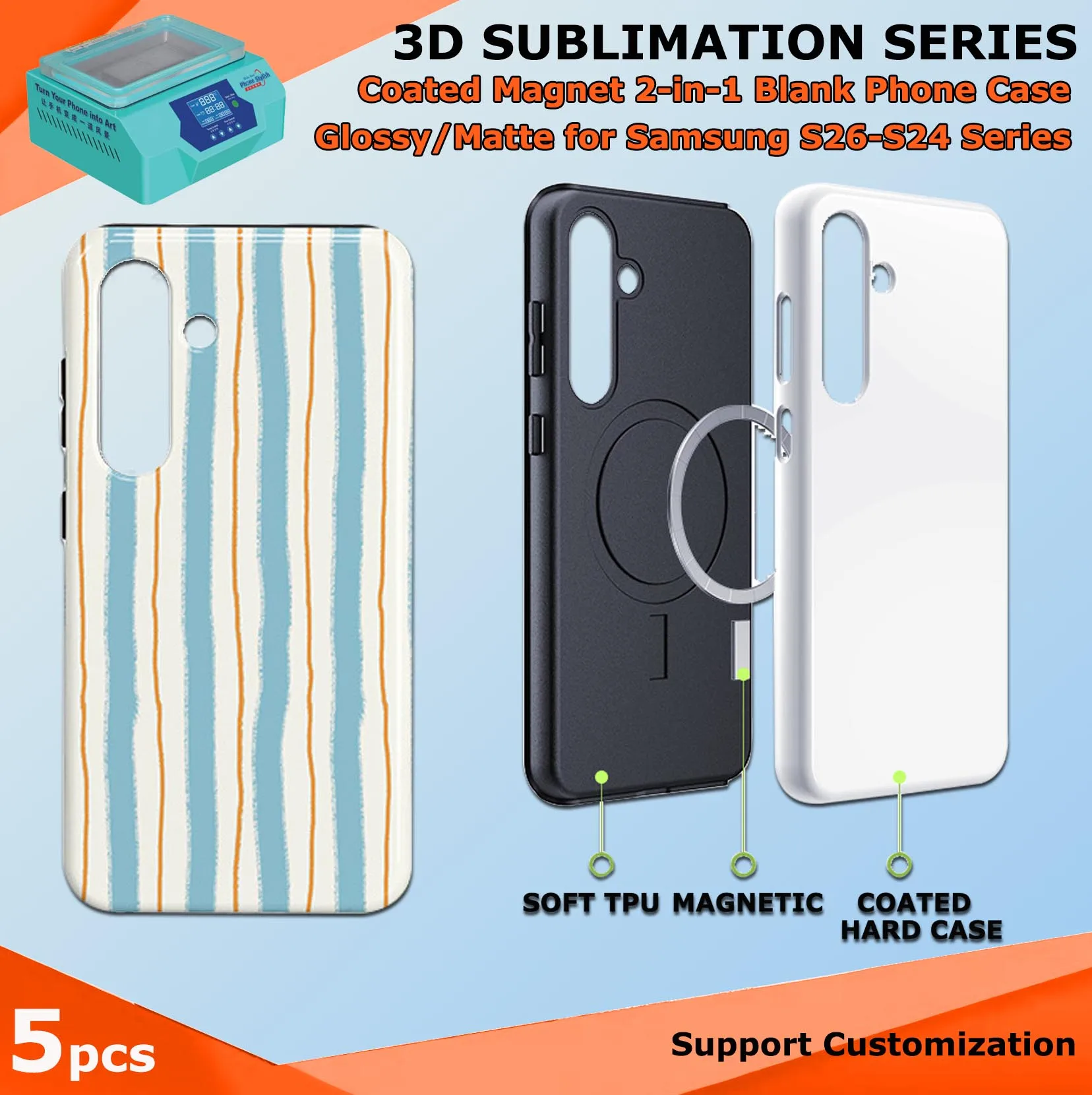 

Fonlyu 5pc Coated Magnet 2 In 1 Blank Phone Case for Samsung Galaxy S26 S25 S24 Ultra Plus 3D Sublimation Heat Transfer Printing