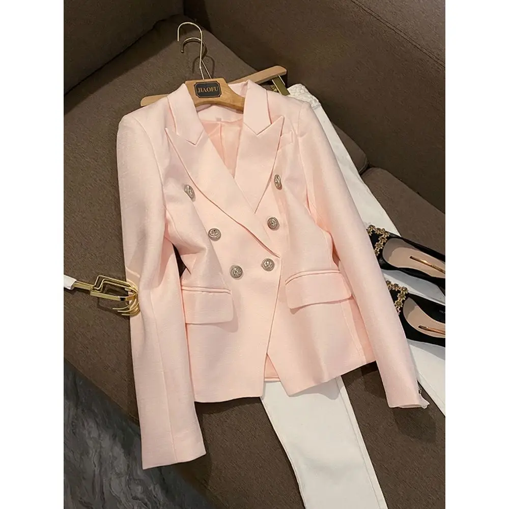 

Faionable Light Pink Women's Suiting Jaet Commute Sle Slim Fit Button ket Detail Long Sve Double Breasted Coat