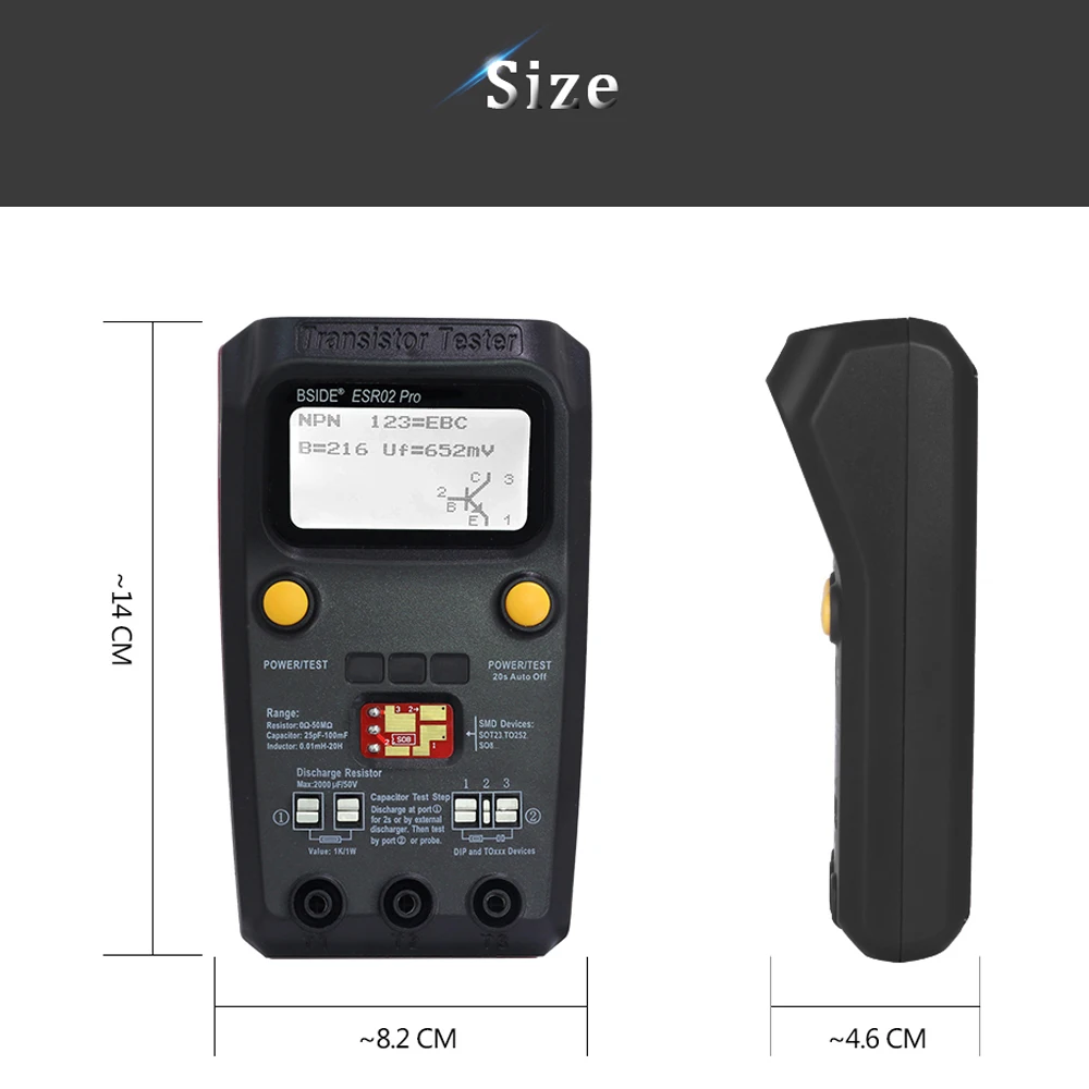 BSIDE ESR02 Pro Transistor Tester Digital Tester Diode Triode Resistor Capacitance Inductance MOSFET NPN PNP Triac MOS Detector