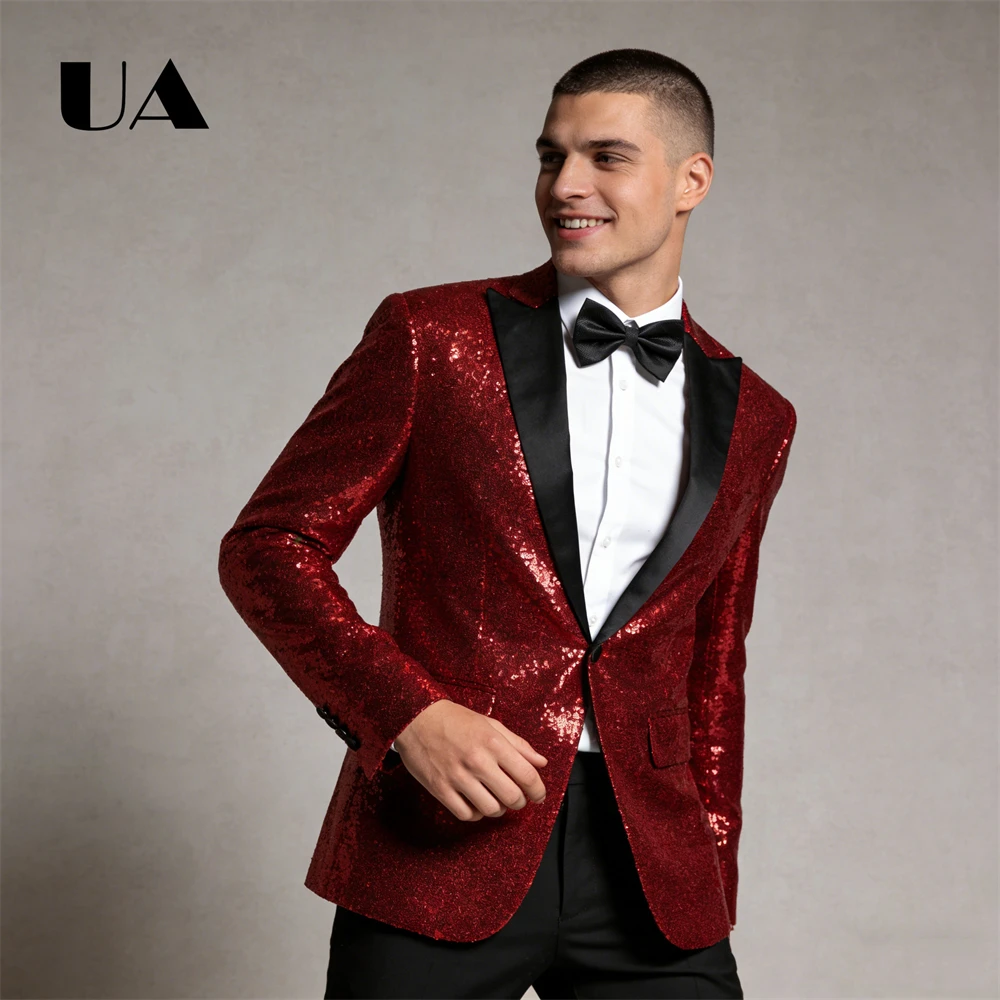 

ULBYANRY Sequined Performance Suit Jacket for Men, Single Button Suit Blazer with Black Collar, Tailored Slim Fitted Suit