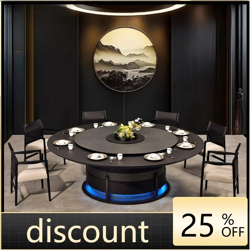 LTT solid wood rock slab hotel restaurant electric dining table large round table hot pot table