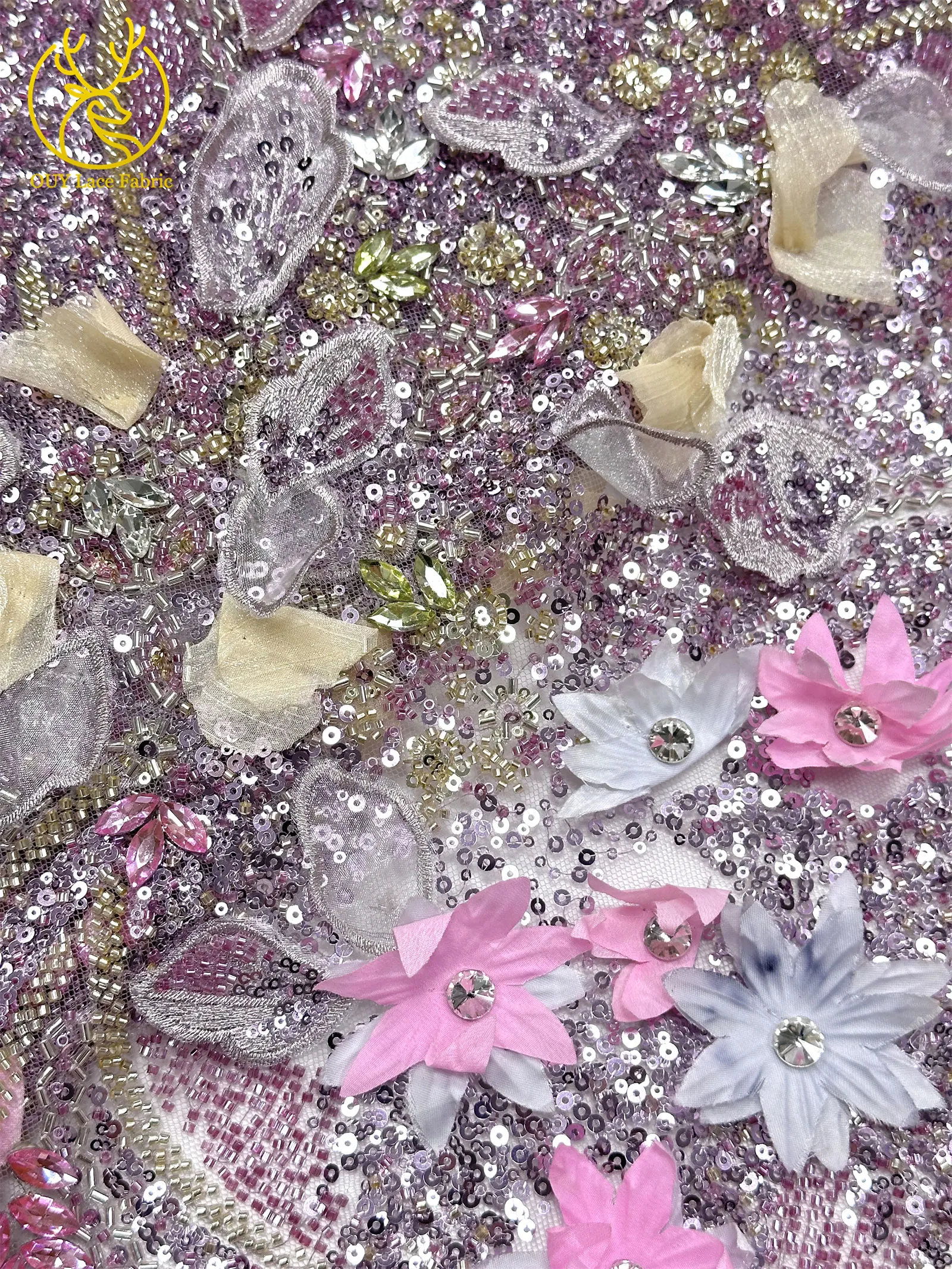 Hochwertiger luxuriöser französischer Edelstein-Perlenstickerei-3D-Blumen-Afrikanischer-Pailletten-Spitzenstoff für DIY handgefertigtes Hochzeitskleid. – Detail 19