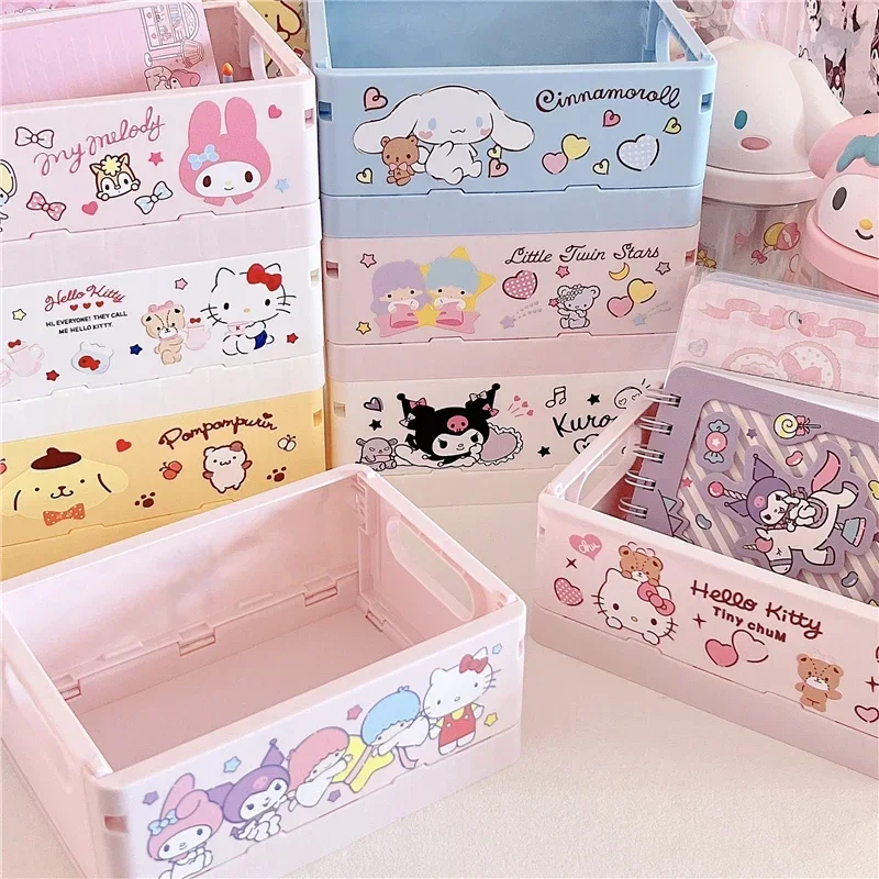 Sanrio Collapsible Crate Plastic Folding Storage Box Basket Kawai Kuromi Cinnamoroll My Melody Desktop Holder Cosmetic Organizer