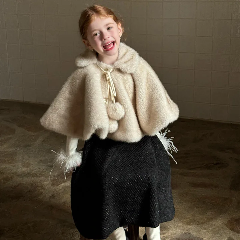 Winter Girls Coat Vintage Lamb Wool Shawl Coat Girls French Collar Clip Cotton Shawl European Fashion Style Top Clothes