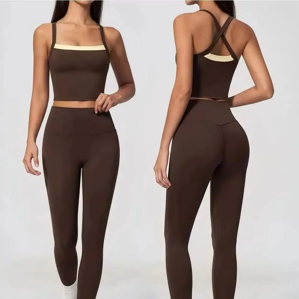 Women 2Pcs Sports Tank Top Set Women Gym Cross-Back Quick Dry Fitness Vest High Waist Breathable Running Yoga Pants Female