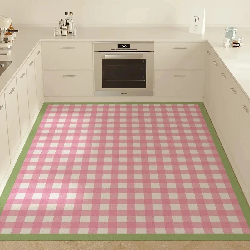 VIKAMA Pink White Checkered Kitchen Rug Fresh Green Border Waterproof Oil Proof Non Slip Large Kitchen Floor Mat