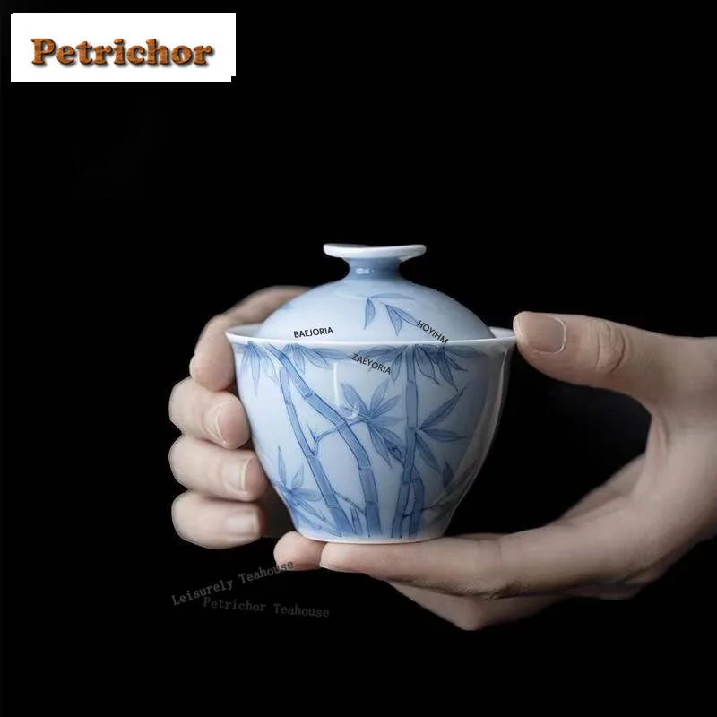 HOYIHM 110ml Hand-painted Blue Bamboo Gaiwan Boutique Not Hot Tea Tureen Brewing Cover Bowl Chinese Kung Fu Teaset Gift