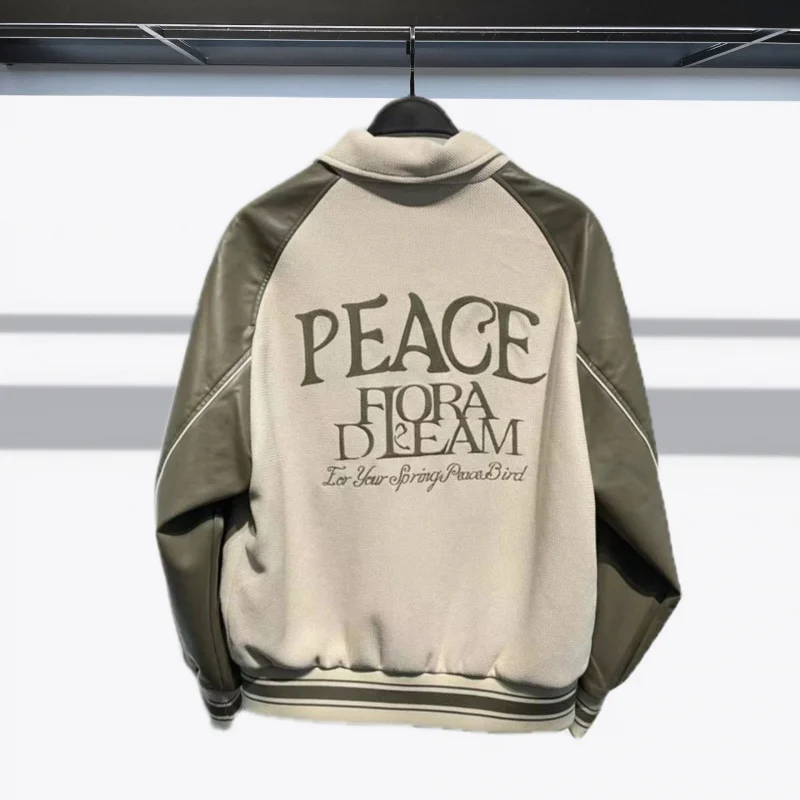 

Spring 2025 Men's Faion Urban Sle PU Leather Splice ort Collar Jaet Embroidered Outerwear Versatile Cozy Breathable