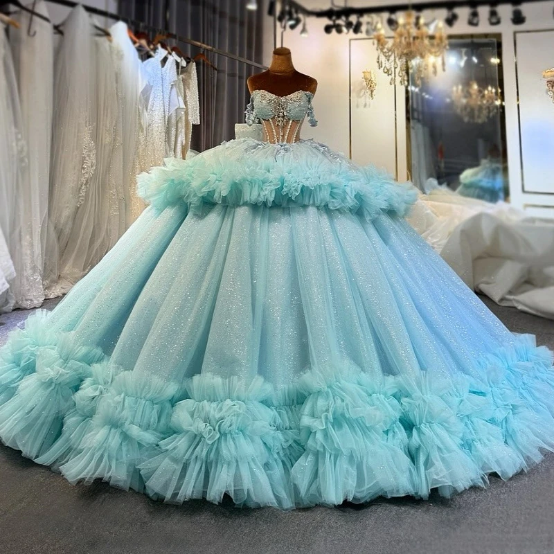 فساتين Quinceanera لامعة باللون الأزرق المائي قبالة الكتف مطرز بفيونكة كريستالية متدرجة من التل مشد حفلة عيد ميلاد حلو 16 فستان #1