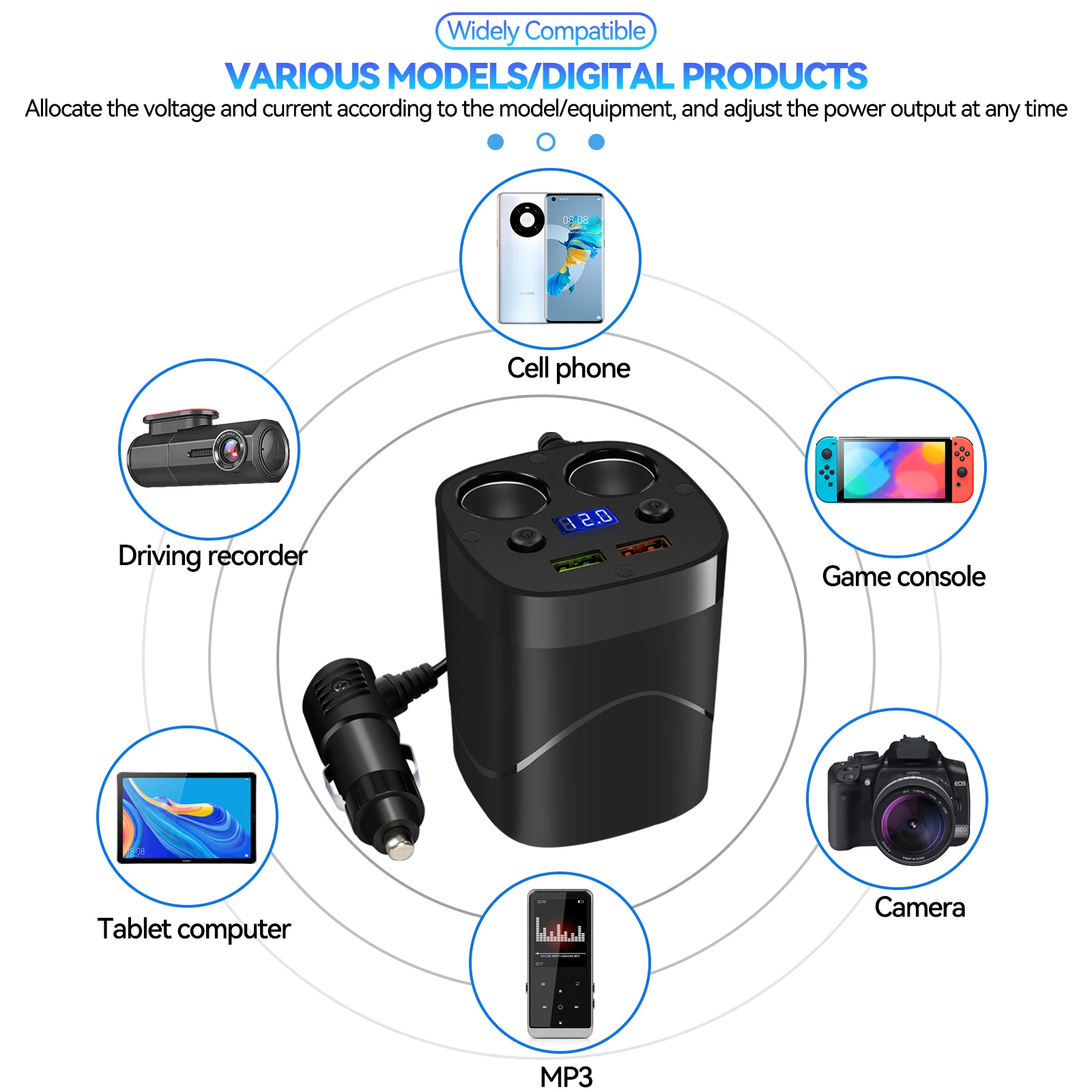 Car Charger Cigarette Lighter Adapter Splitter 2 Socket QC3.0 Fast Quick Charge Charging Cup Holder LED Voltmeter Display Switch