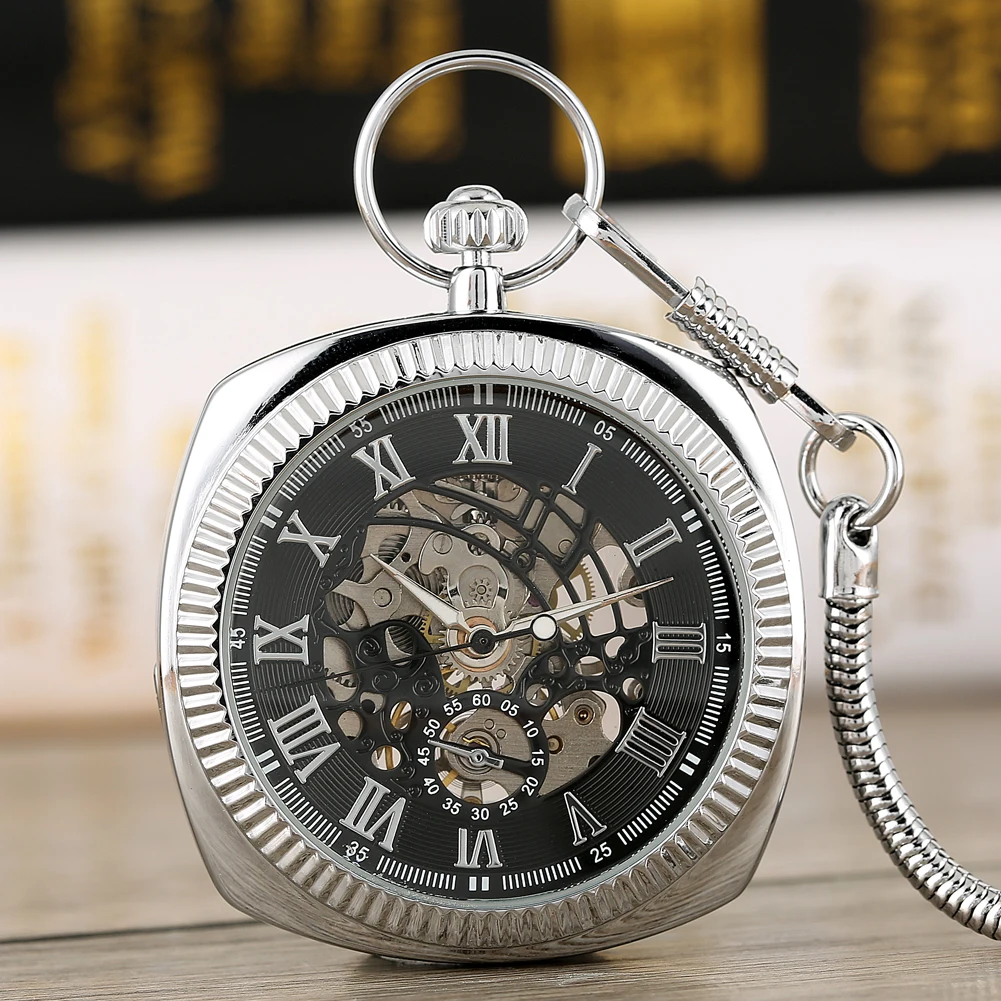 Antique Black/Silver/Gold Mechanical Pocket Watch Unique Square 30cm Snake Chain Hand Winding Pocket Watches Pendant Clock Gifts