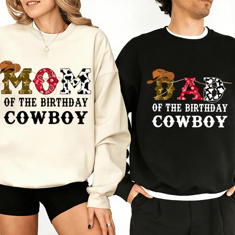 

"Mom/Dad of The Birthday Cowboy" Print Couple Matching Sweatshirt Vintage Western Cowboy Style Mama Papa Lover Crewneck Pullvoer