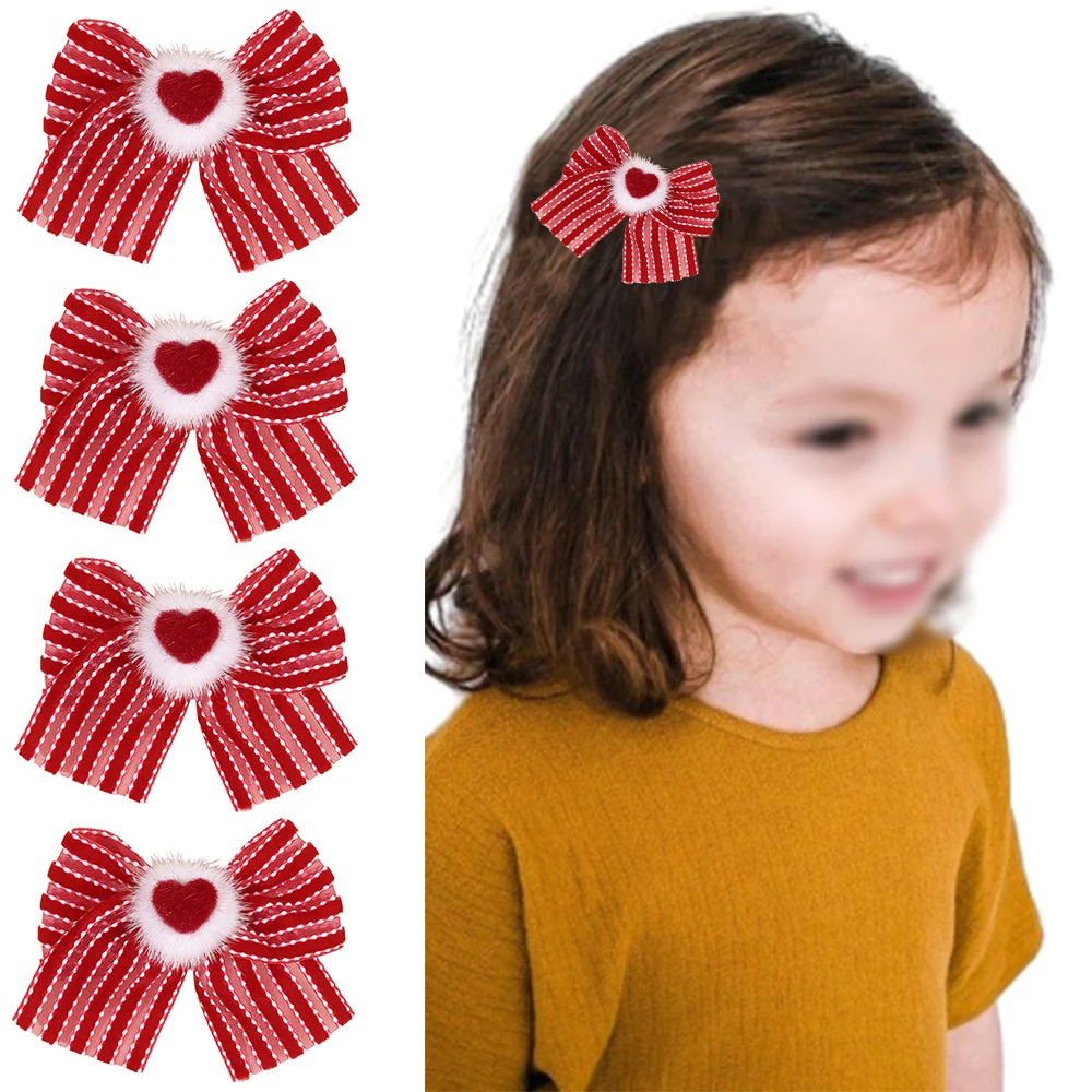 ncmama 2PCS Little Girls Love Heart Plaid Bow Hairpins Glitter Hairball Hair Clip Kids Barrettes Hairgrips Baby Hair Accessories