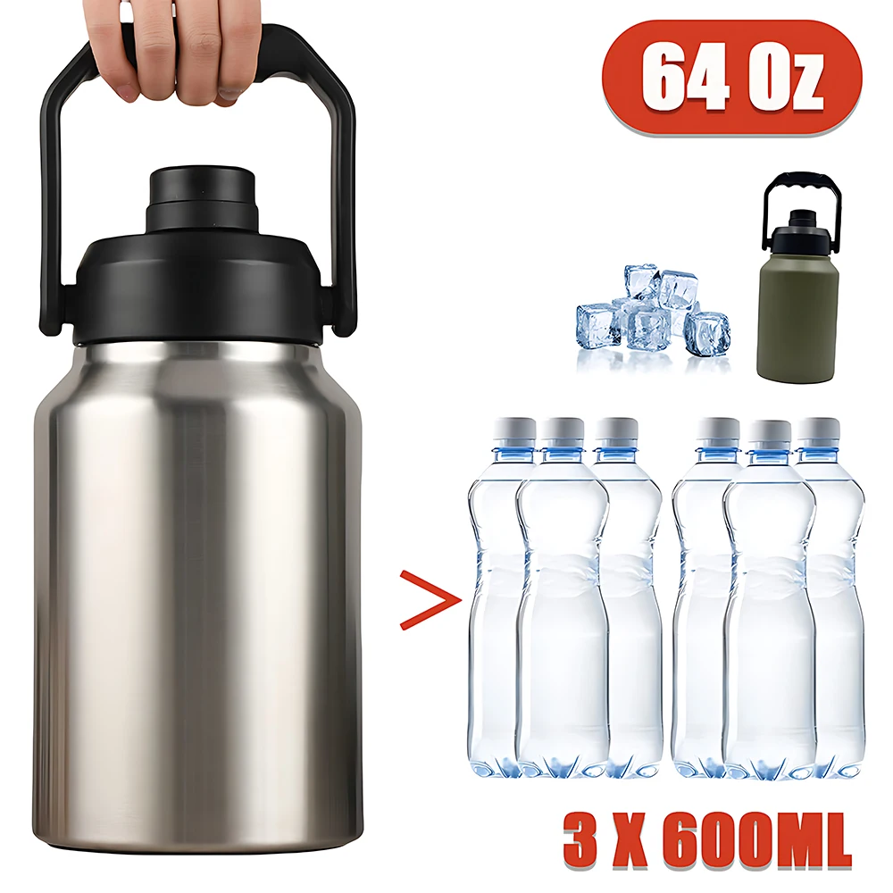 64oz Outdoor Sports Large-capacity Space Jug Ice Bucket Vacuum 304 Stainless Steel Cold Water Bottle Portable Insulation Cup