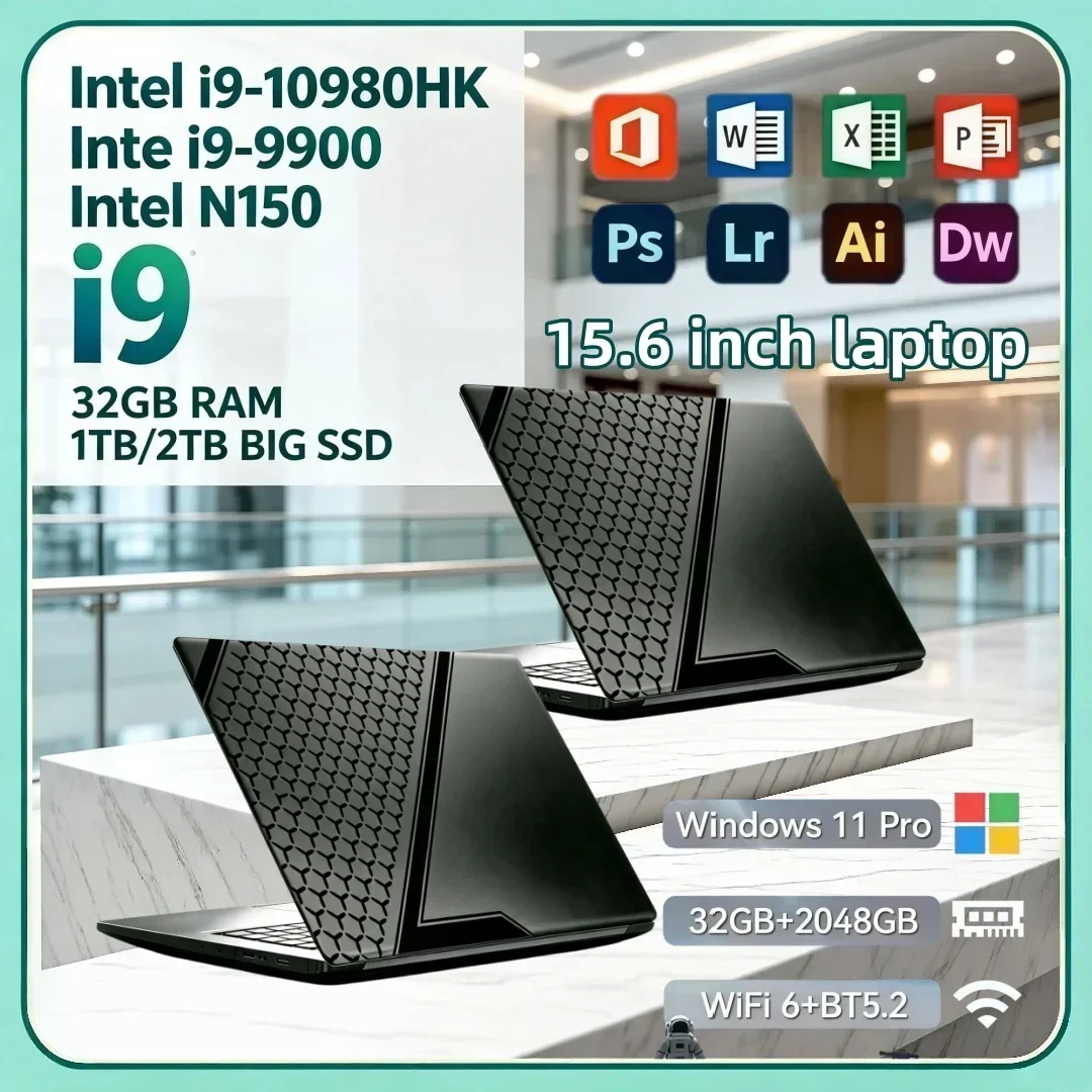 15.6 Inch Hot Sale Slim Laptop Portable Intel Core N150 I9‑9900 I9‑10980HK 16/32GB 2TB Windows11 Sleek Design Gaming Office PC
