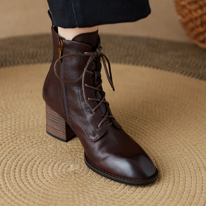 Woman Cowhide Ankle Boots Cross Tied Ankle Boots Side Zippers Retro Style ShoesThick Heeled Short Boots Spring Autumn Botas