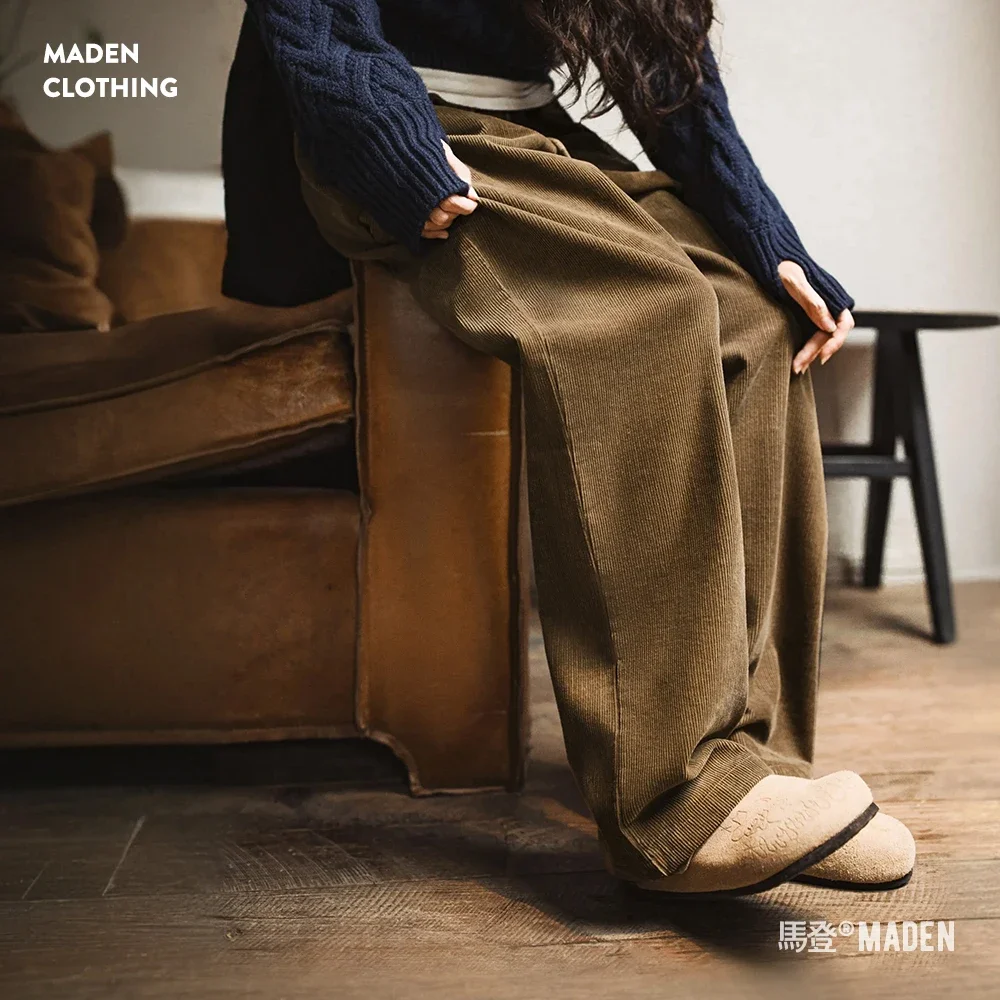 

Винтажные вельветовые повседневные брюки цвета хаки Maden, прямые широкие брюки с эластичной резинкой на талии для женщин, осенние универсальные брюки для поездок на работу