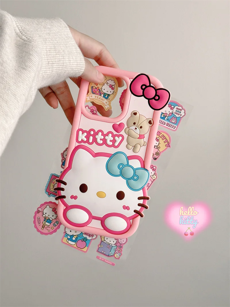 Cute Bow Hello Kitty Bear Silicone Phone Case For iPhone 13 12 11 14 15 16 Pro Max 3D Heart Love Pink Be shy Kitty Bow KT Cover