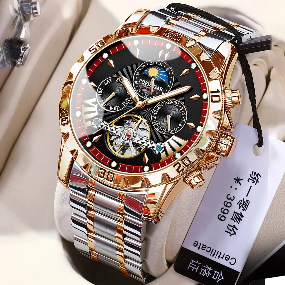 POEDAGAR ساعات رجالية متعددة الوظائف موضة أصلية ساعة ميكانيكية أوتوماتيكية للرجل الياقوت مرآة جوفاء دولاب الموازنة التاريخ