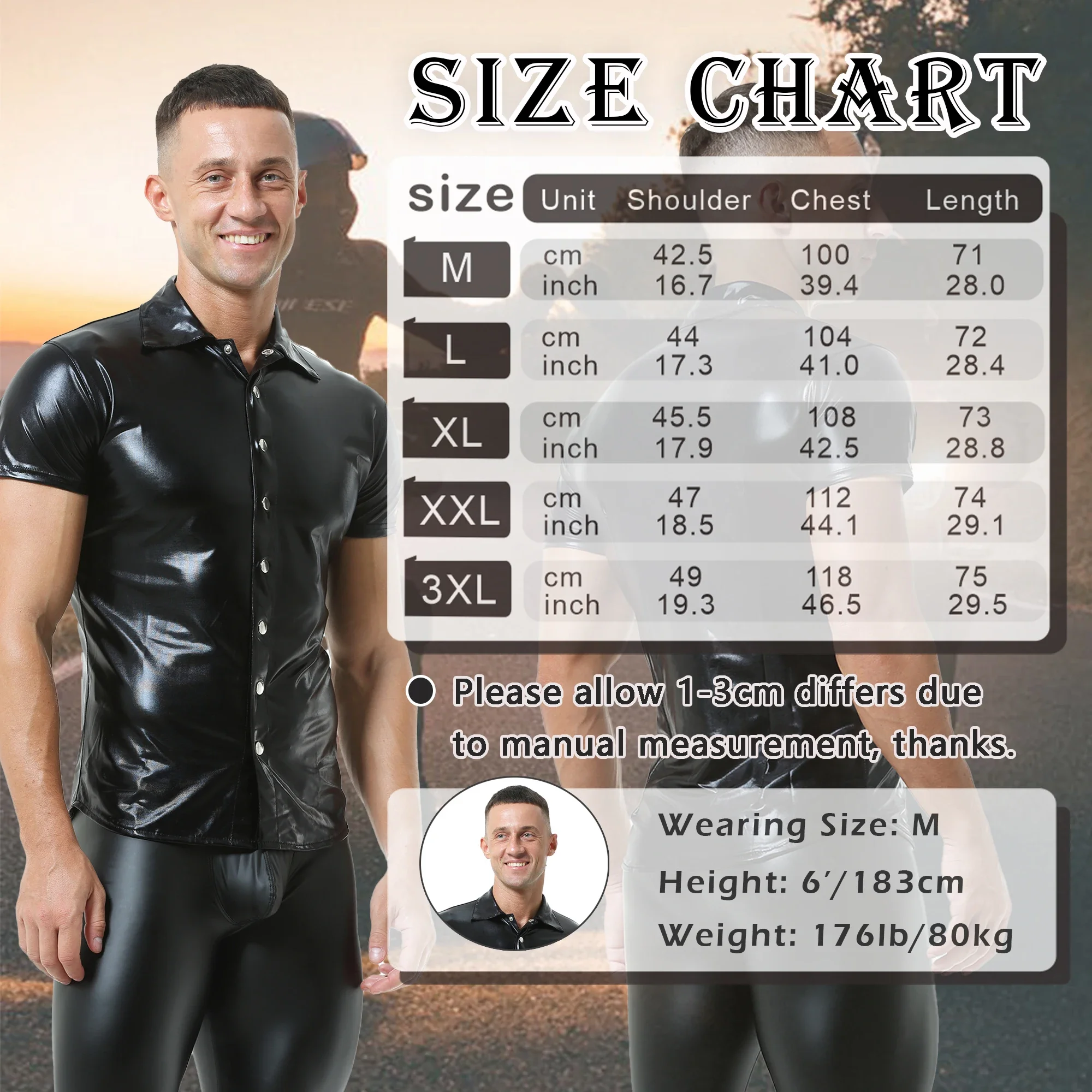 Men's Sexy Skinny Leather Shirts Short Sleeve Fashion PU Leather T-Shirts Male Turn Down Collar Button Shirt Stage Show Costume