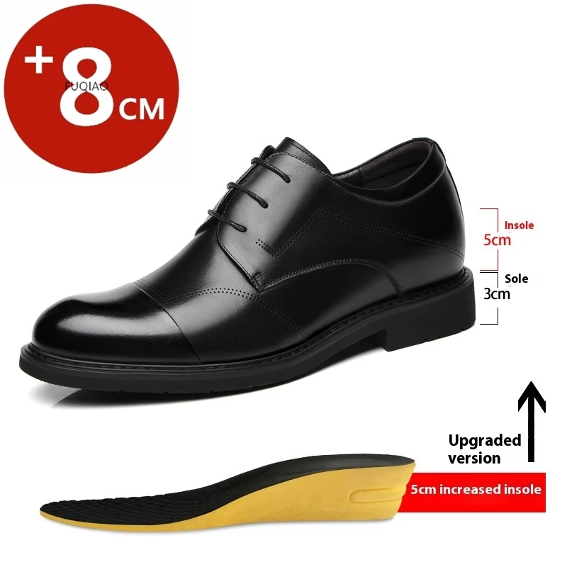 Men's Genuine Leather Dress Oxfords 6cm/8cm Hidden Elevator Height Increase Soft Sole Business Formal Comfortable Lace-Up Shoes