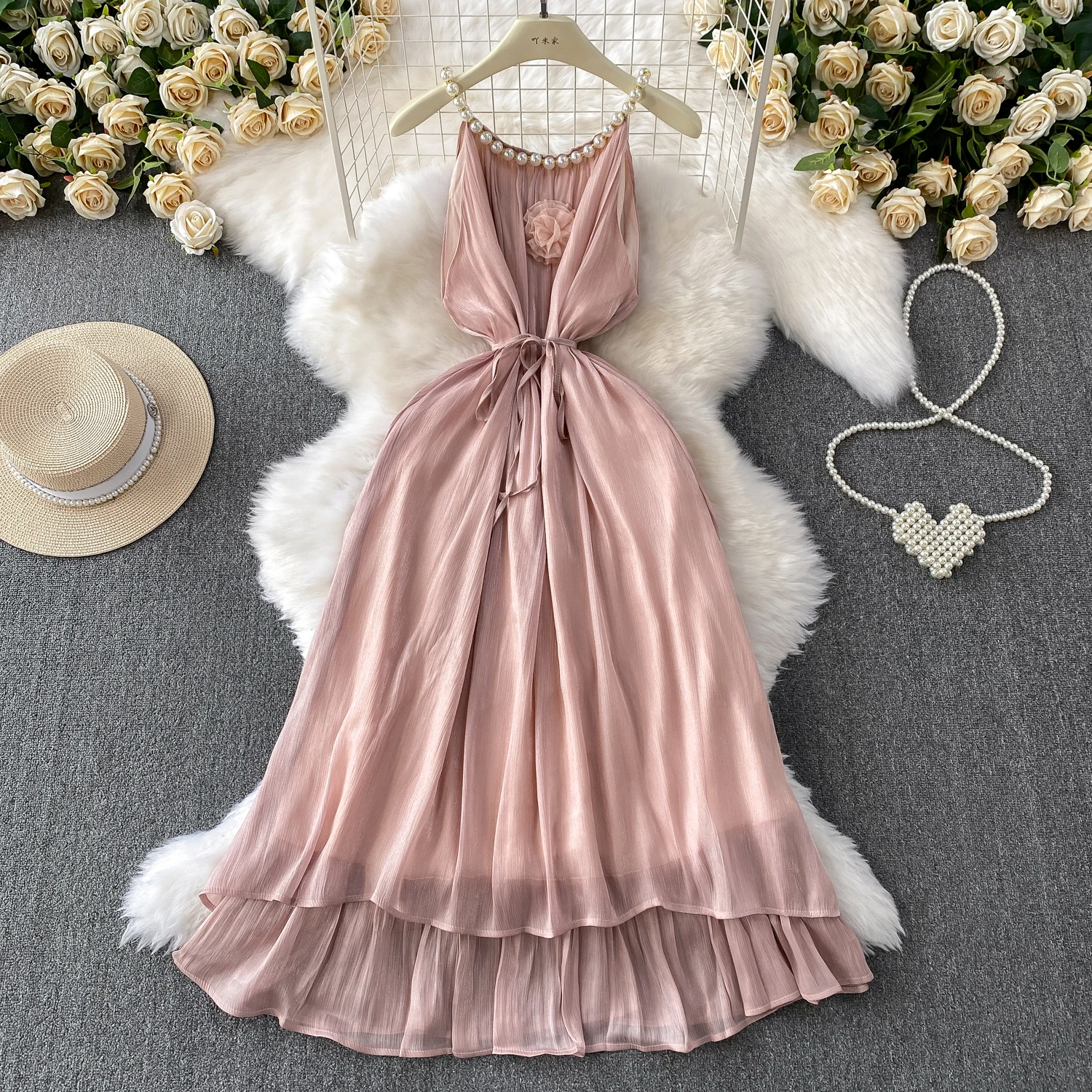 

Retro Elegant Three-dimensional Pleated slim Dress Beach Vacation Casual Women A-LINE Fashion Summer Dresses