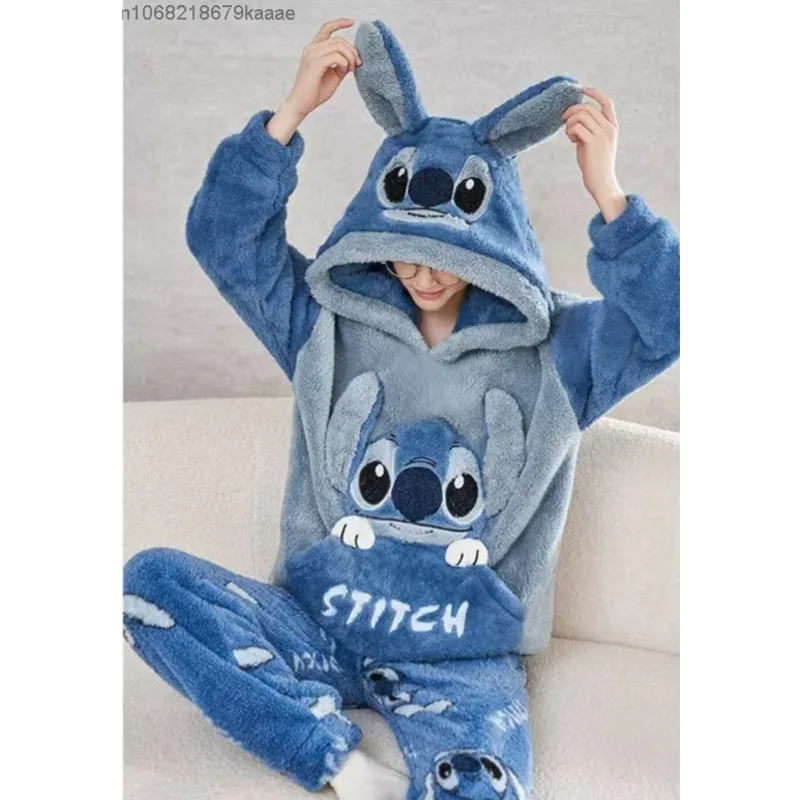 Disney Cartoon Stitch Couple Coral Fleece Pajamas Suit Cute Plush Pullover Top Pants 2 Piece Set Women Men Sleepwear Y2k Clothes