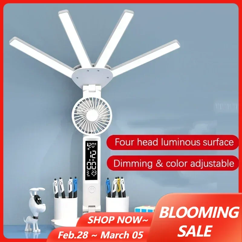 Dobrável LED Desk Lamp com Pen Holder, 4 Cabeça, Temperatura, Tempo, Semana, Display Inteligente, Proteção para os Olhos, Luz Noturna de Leitura