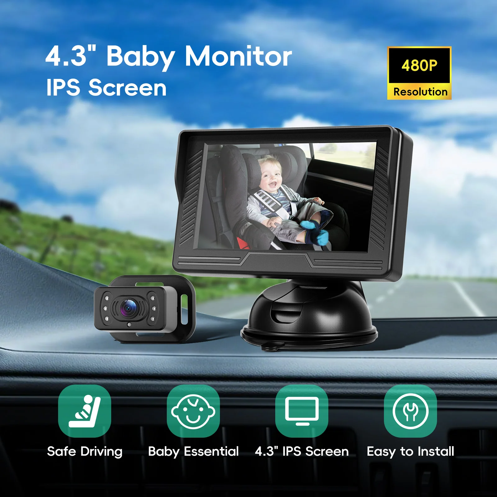 Podofo Car Rear Baby Monitor 4.3'' Car Monitor with Camera Night Vision Wide-Angle Real-time Baby Monitoring Stable Mounting