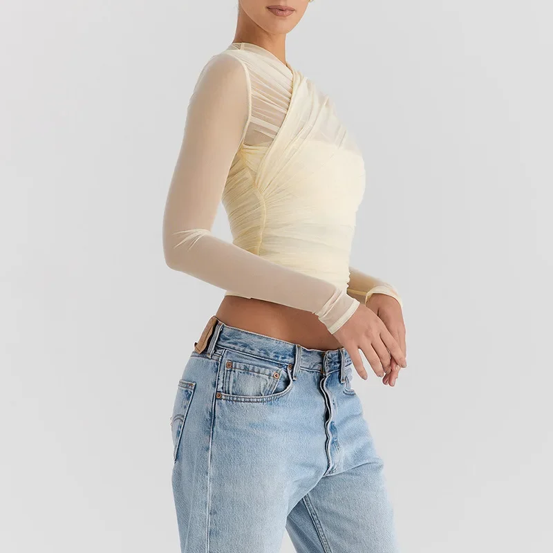 Prowow ผู้หญิงเซ็กซี่เสื้อ V คอยาวแขนยาว SHEER Mesh Crop Tops ใหม่สีทึบผอมซิปหญิงสวมใส่ความงาม