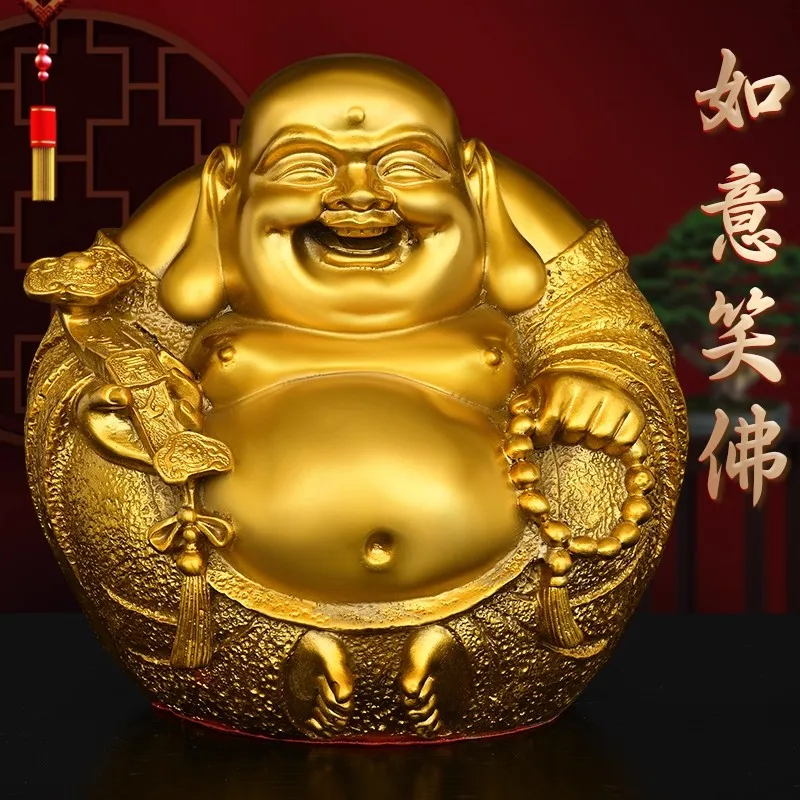 Solid Brass Laughing Buddha Statue, Smiling Maitreya Buddha Figurine for Good Luck & Harmony, Home Office Zen Decor