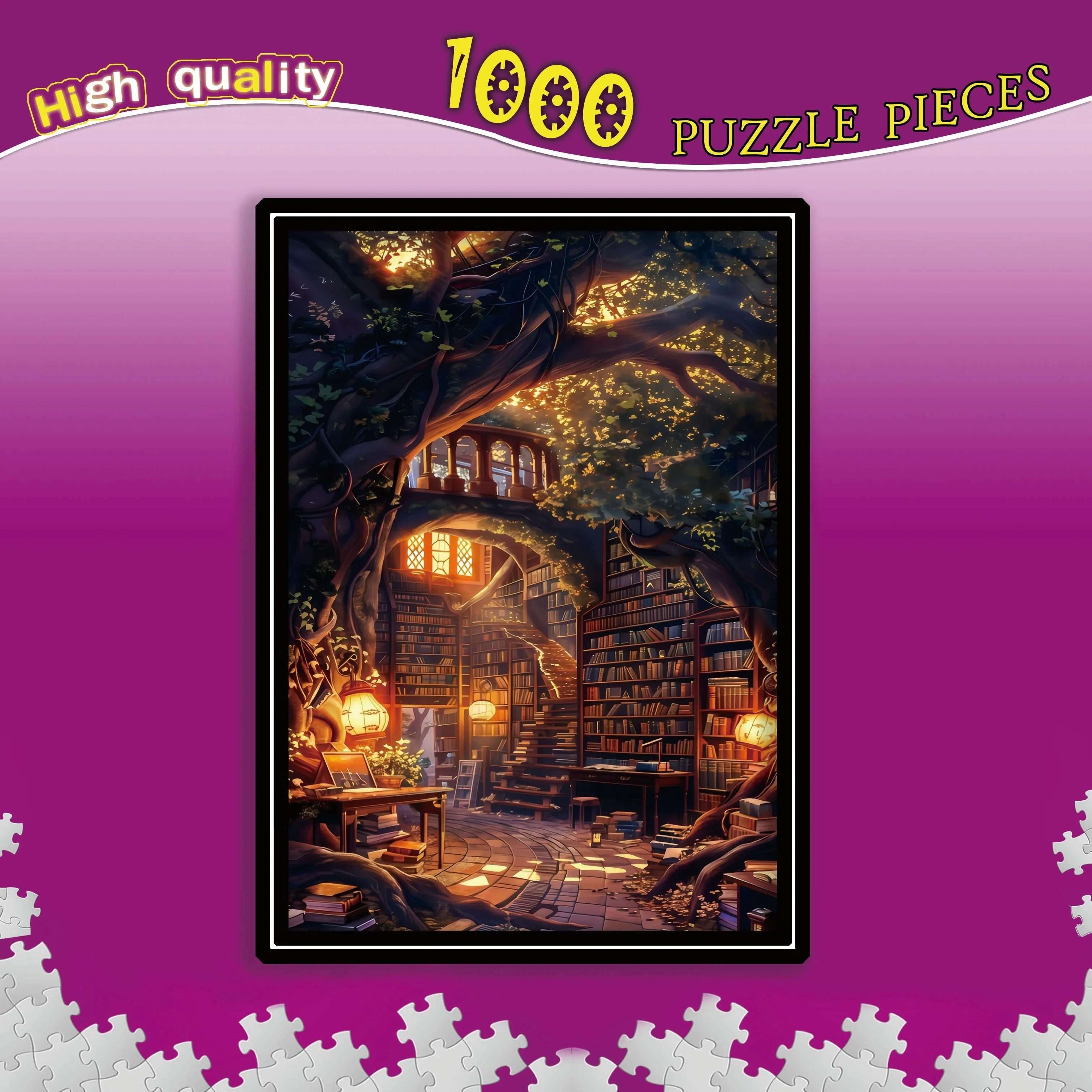 120/300/500/520/1000/1314 Pcs Bookshelf Under The Tree of Wisdom Jigsaw Puzzles for Gameroom Challenging Family Activity Game