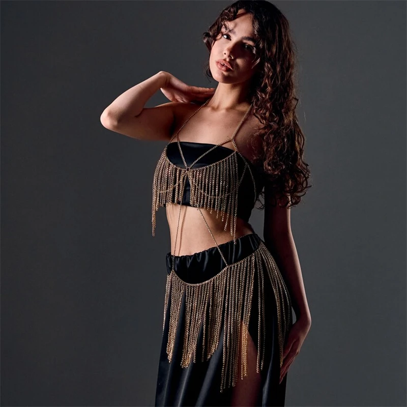 Damen Gold-Ketten-Halter-Bodychain-Kleid mit Fransen und Quasten, 2-teiliges Set, Party-Club-Rave-Outfit, Einheitsgröße, Dropshipping – Detail 7