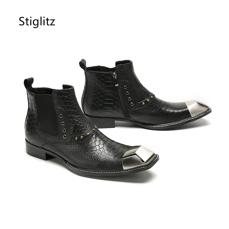 Square Toe Genuine Leather Men's Boots Metal Head Side Zipper Buckle Black Ankle Boots Wedding Office Shoes Wear-Resistant